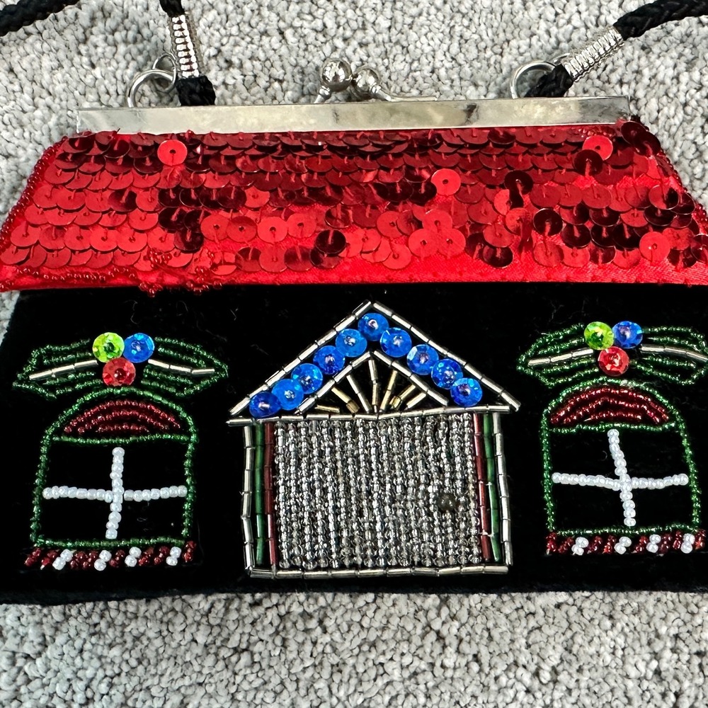 Velvet and sequin house Motif Crossbody Bag Small Black Red Excellent